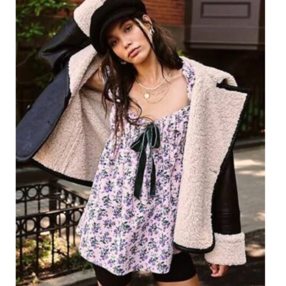 NEW Free People Gaia Printed Tunic Lilac Floral Corduroy Bow Floral Mini Dress